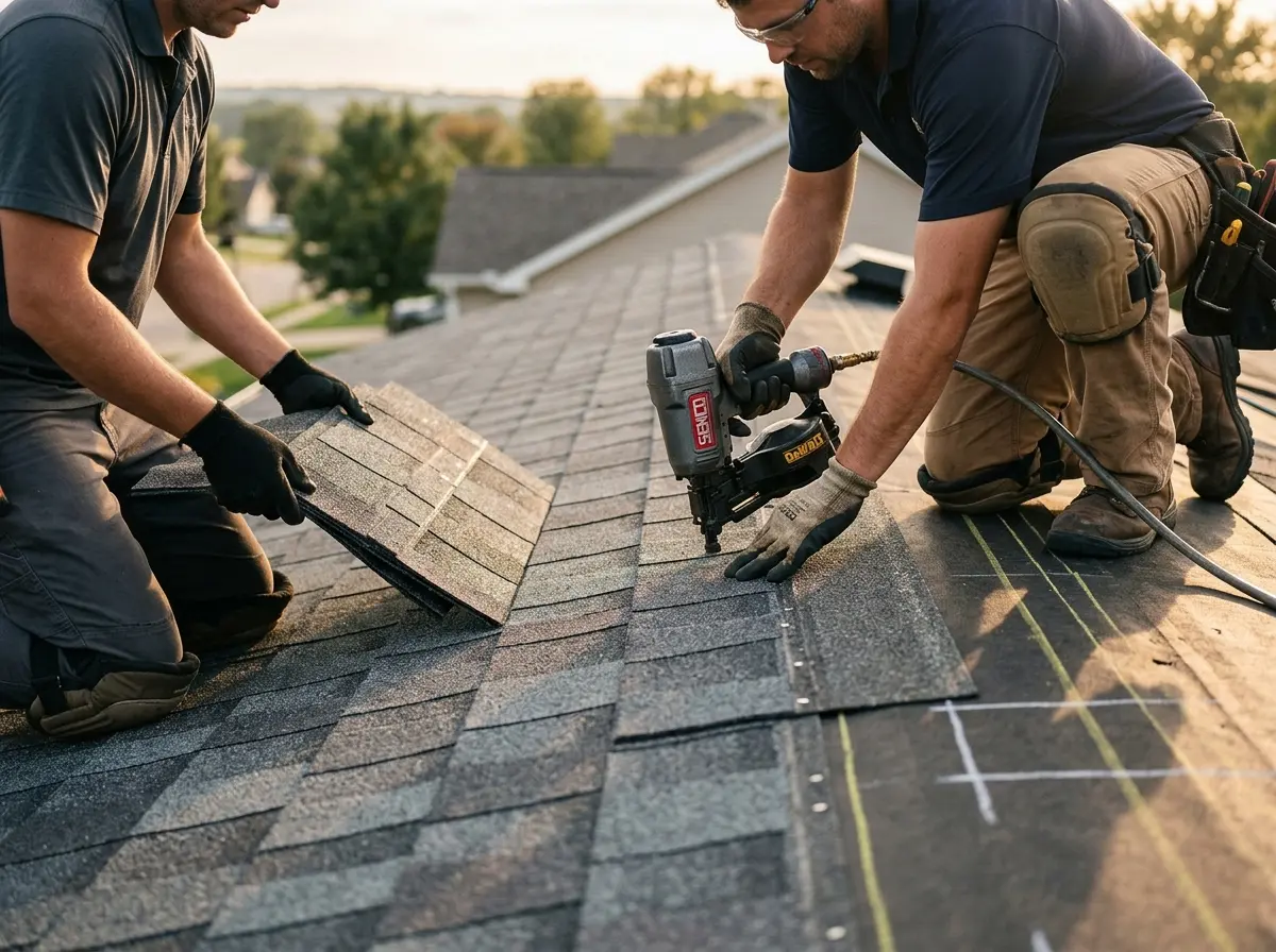 Professional roofer working on a residential roof in Freetown